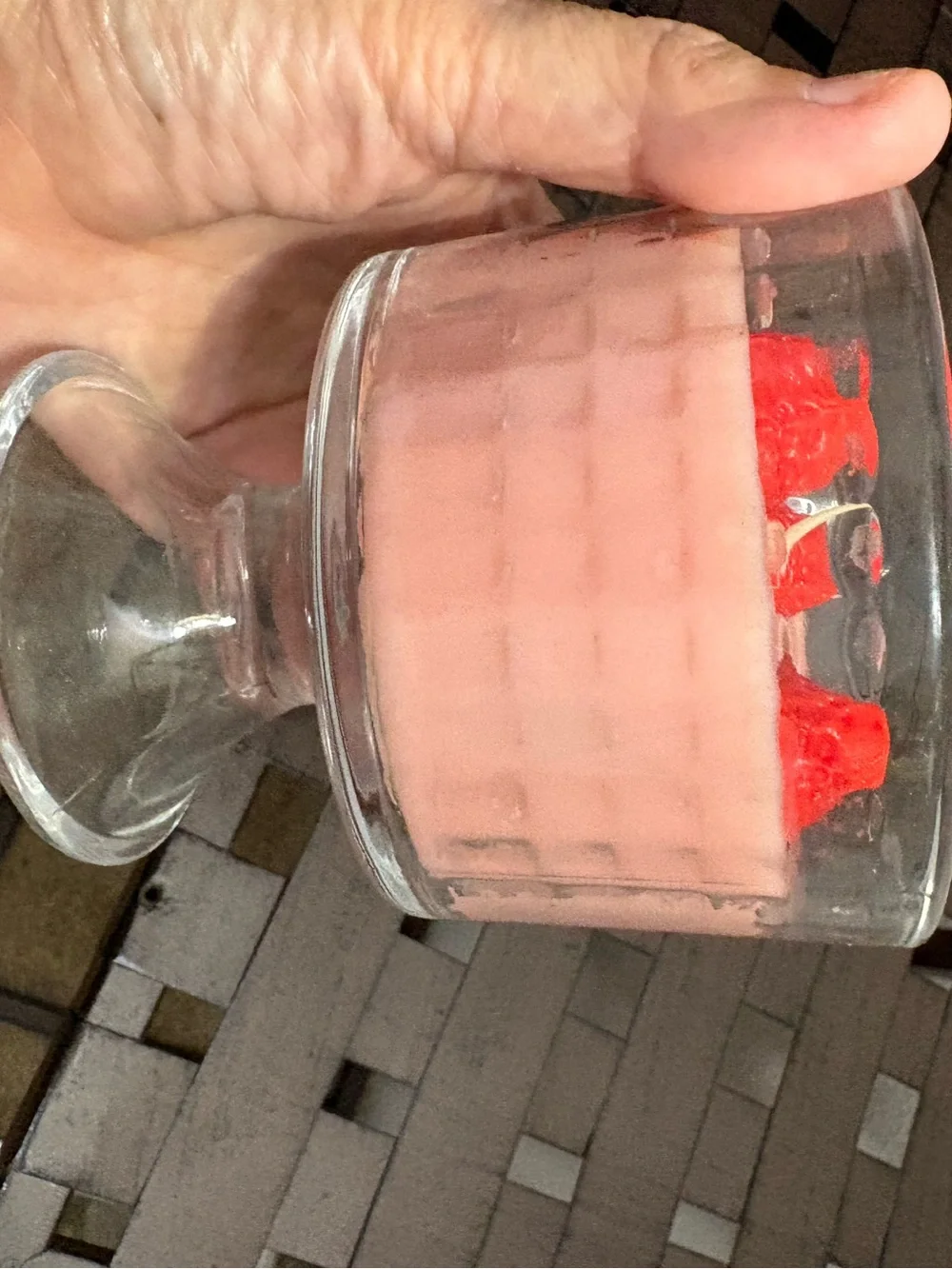 Strawberry Parfait scented pink candle in parfait dish pink w/ red strawberries
